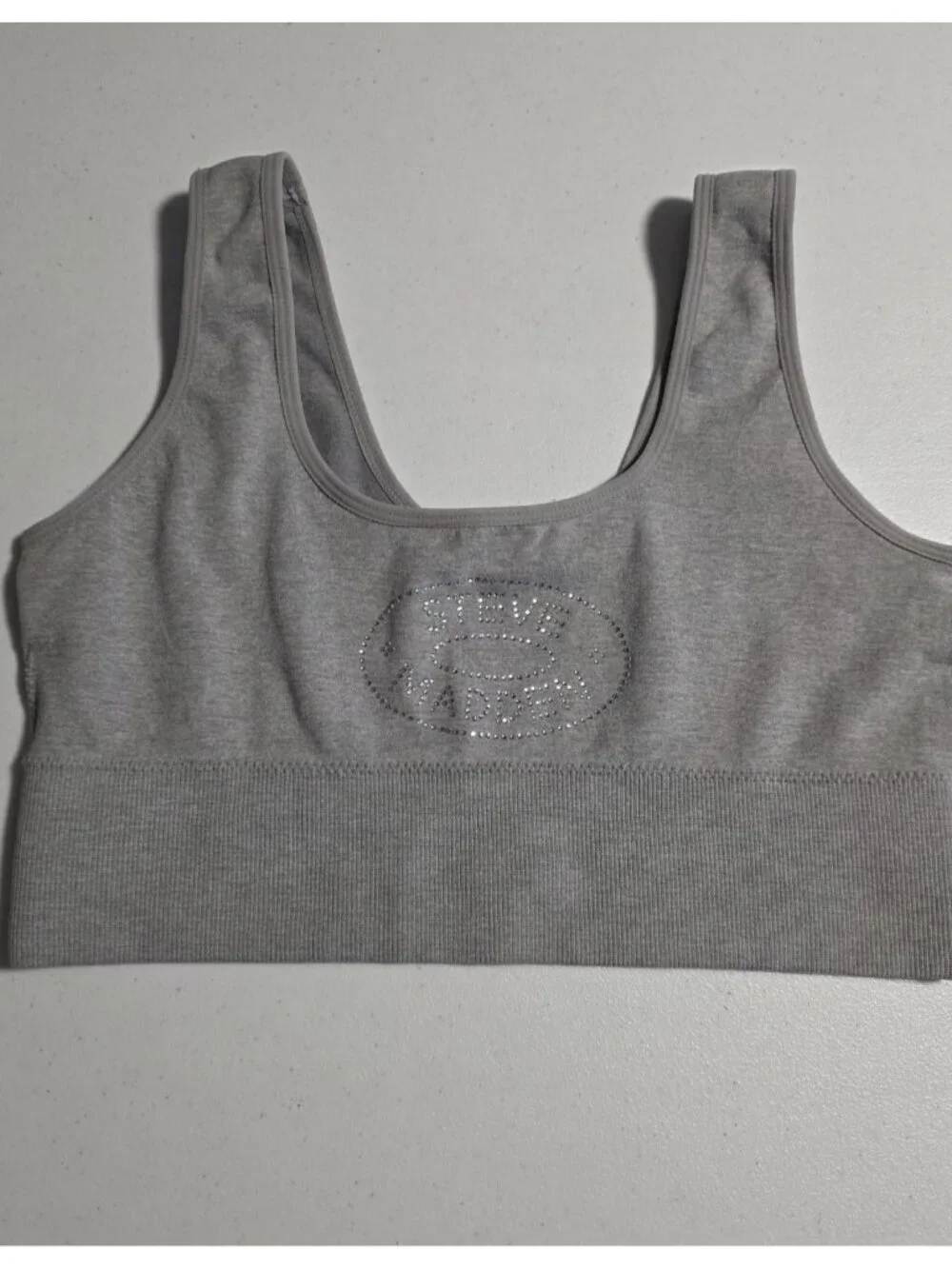 Steve Madden Sports Bra Rhinestone‎ Logo Gray Ribbed No Padding Size Large